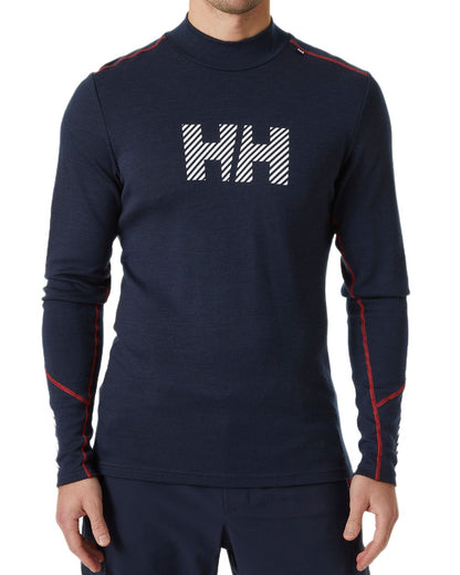 Navy Coloured Helly Hansen Mens Lifa Merino Midweight Logo Base Layer on white background 