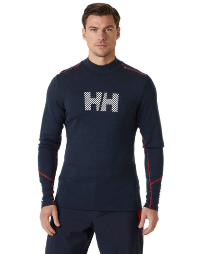 Navy Coloured Helly Hansen Mens Lifa Merino Midweight Logo Base Layer on white background 