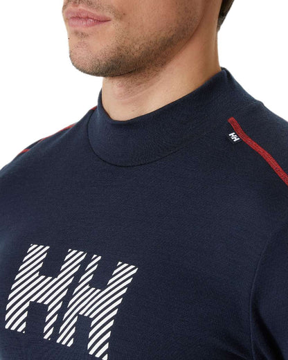 Navy Coloured Helly Hansen Mens Lifa Merino Midweight Logo Base Layer on white background 