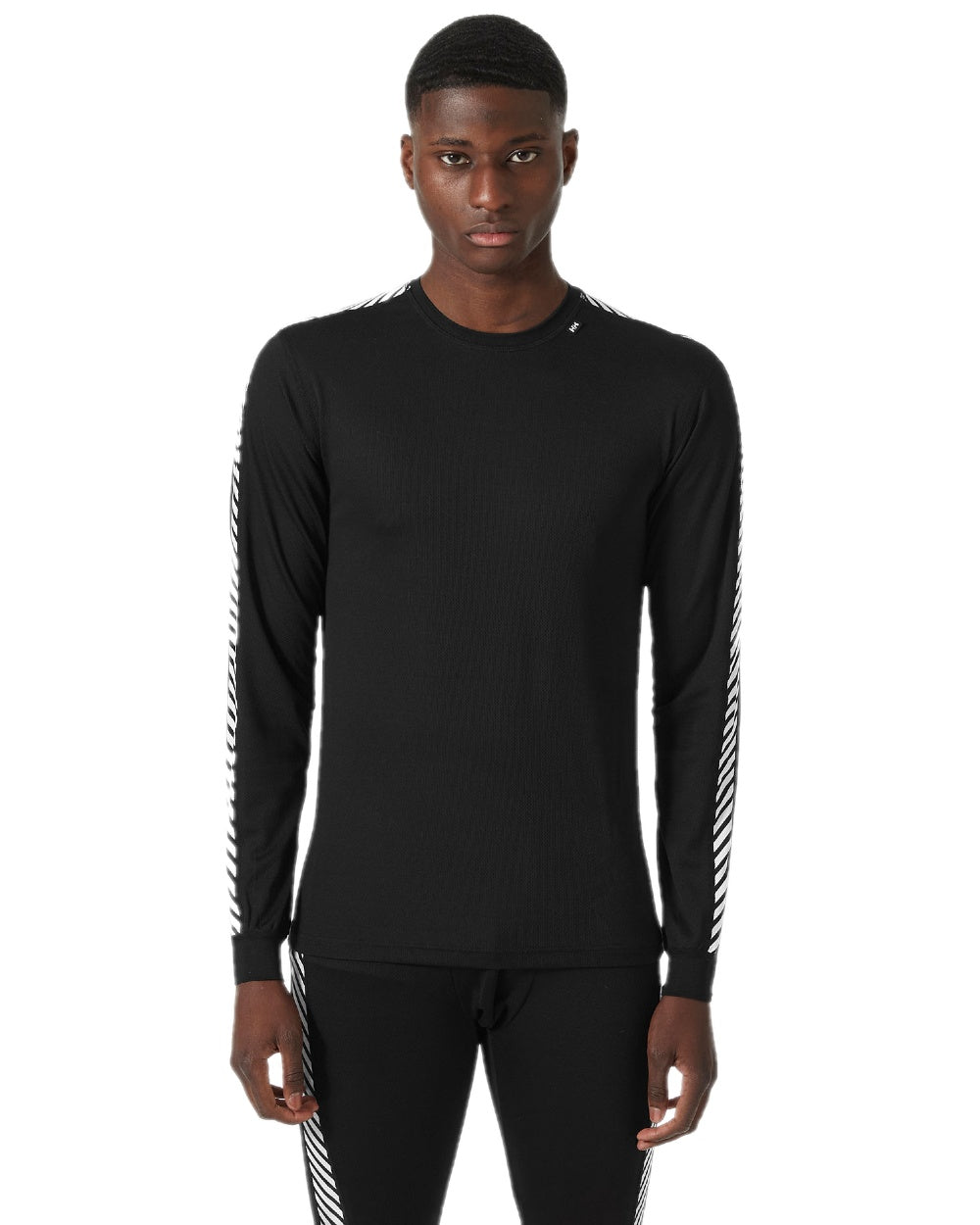 Black Coloured Helly Hansen Mens Lifa Stripe Long Sleeve Crew Base Layer on white background 