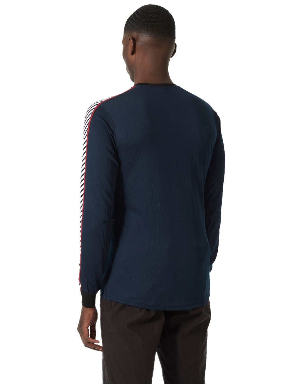 Navy Coloured Helly Hansen Mens Lifa Stripe Long-Sleeve Crew Base Layer on white background 