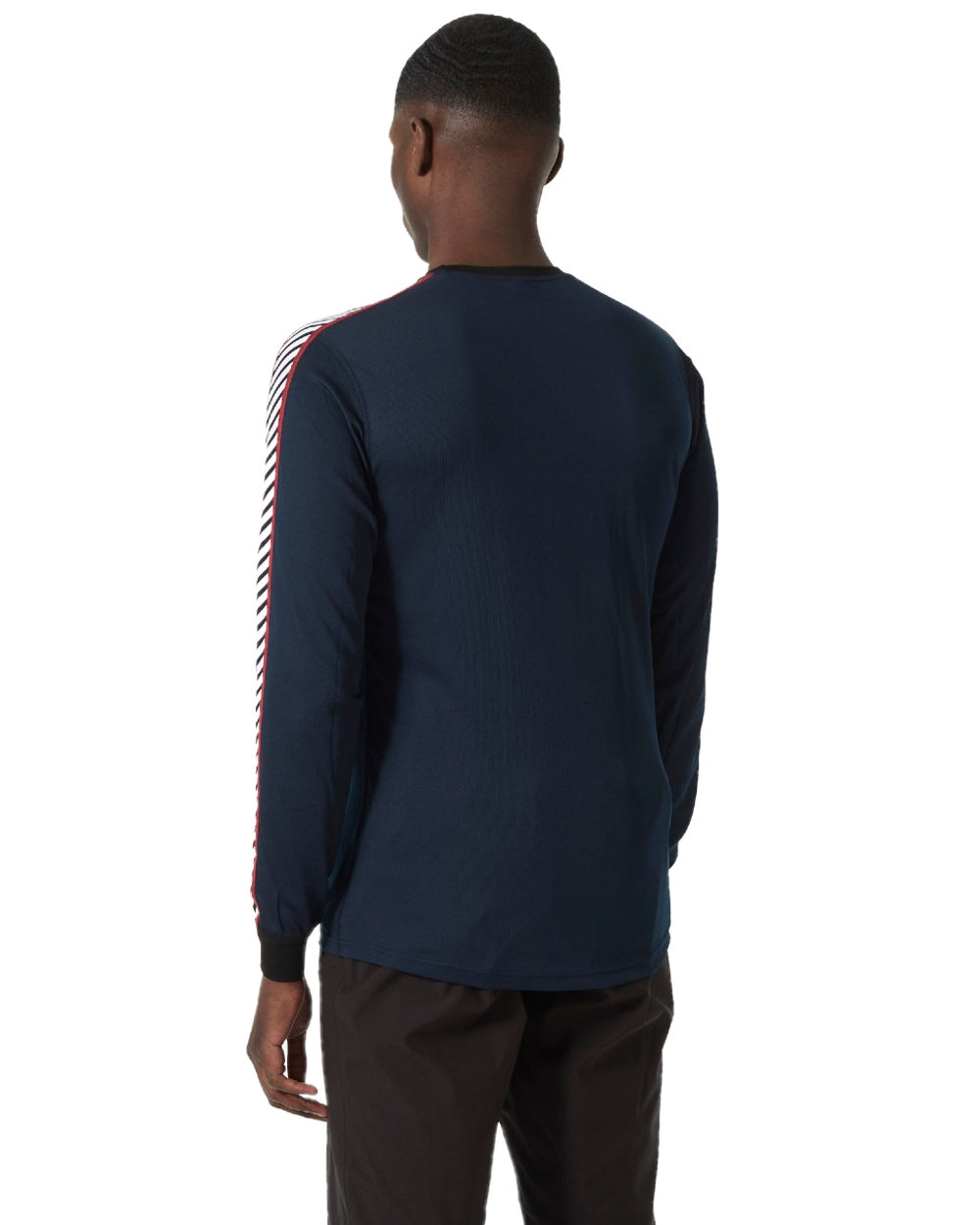 Navy Coloured Helly Hansen Mens Lifa Stripe Long Sleeve Crew Base Layer on white background 
