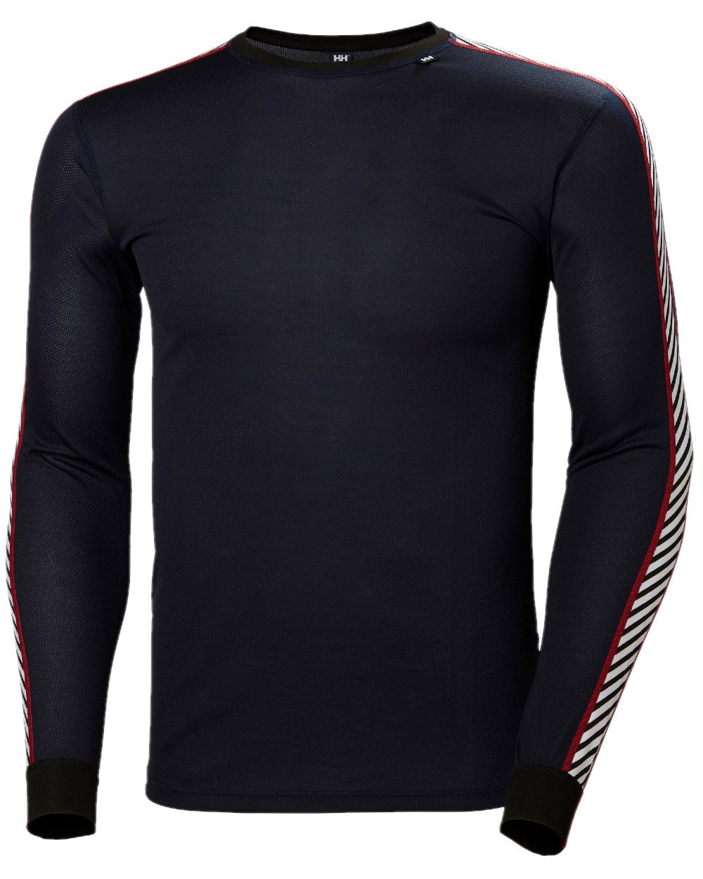 Navy Coloured Helly Hansen Mens Lifa Stripe Long Sleeve Crew Base Layer on white background 