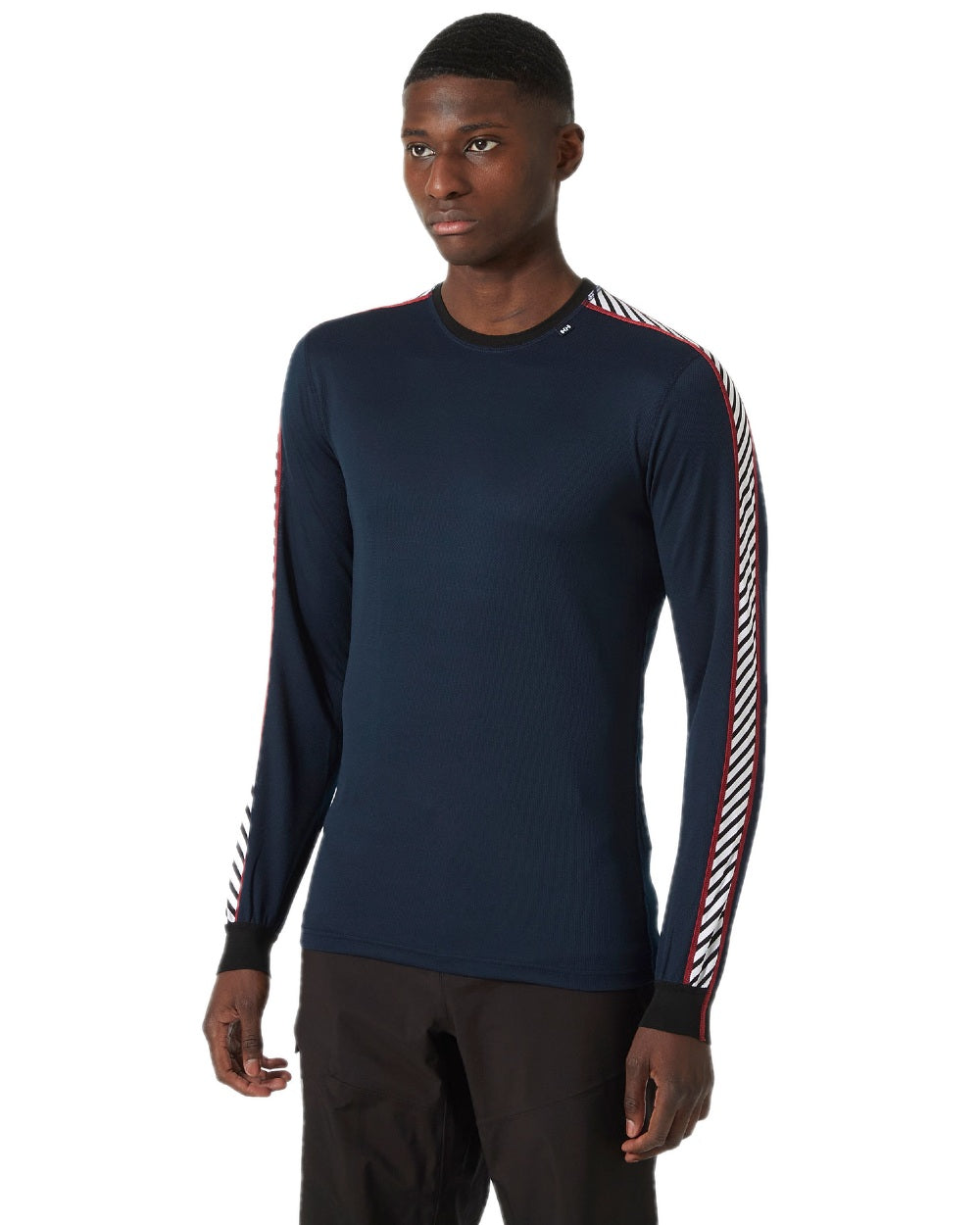 Navy Coloured Helly Hansen Mens Lifa Stripe Long Sleeve Crew Base Layer on white background 