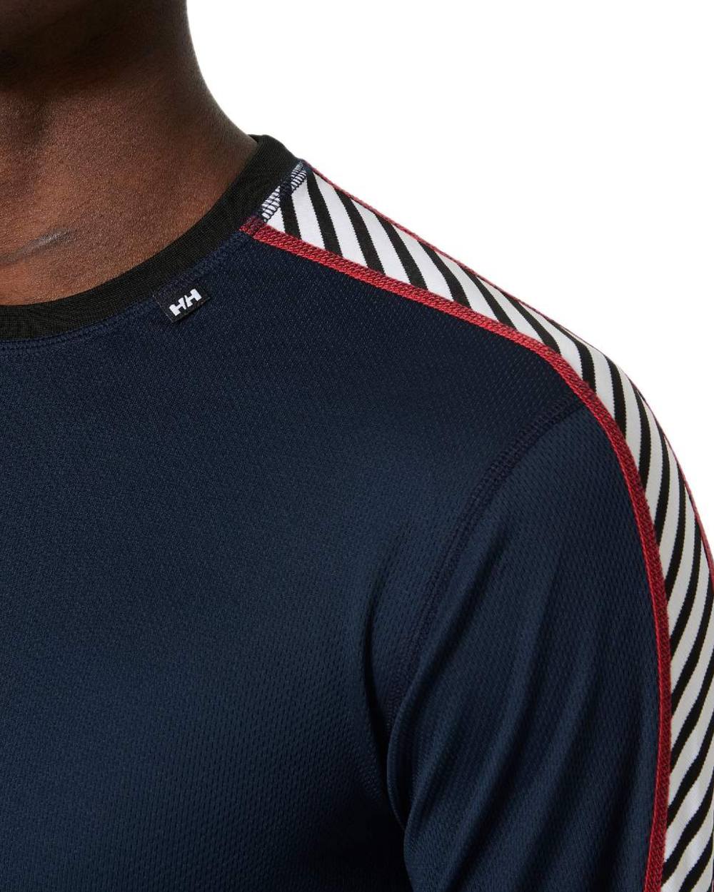 Navy Coloured Helly Hansen Mens Lifa Stripe Long Sleeve Crew Base Layer on white background 