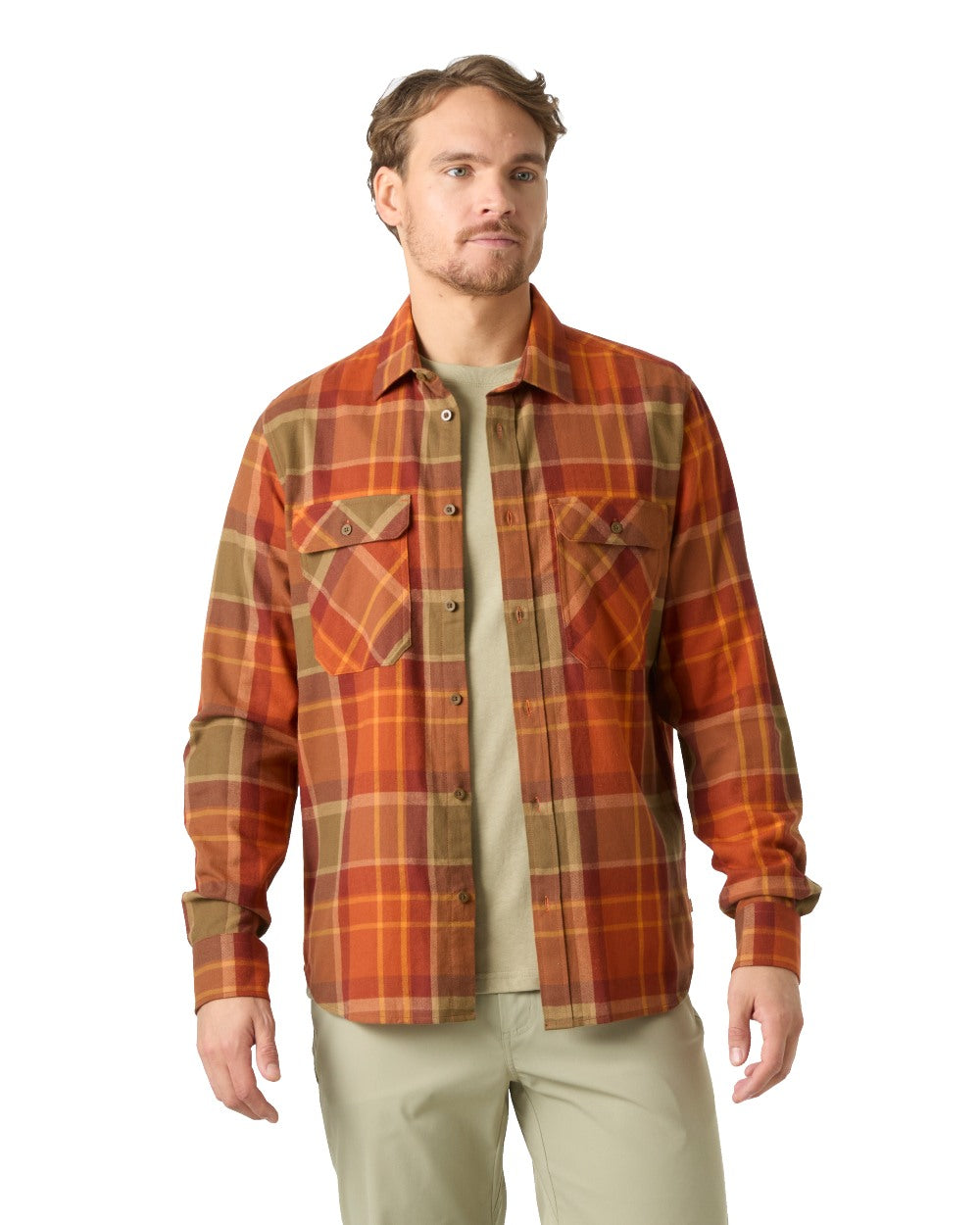 Orange coloured Helly Hansen Mens Lokka Flannel Long Sleeve Shirt On White Background 