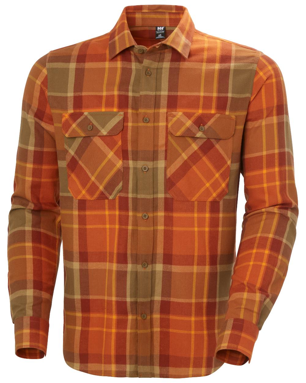 Orange coloured Helly Hansen Mens Lokka Flannel Long Sleeve Shirt On White Background 