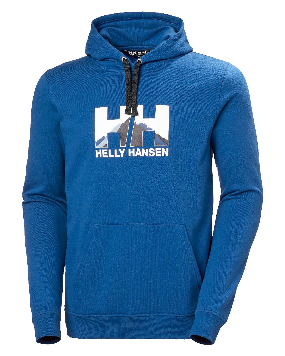 Deep Fjord coloured Helly Hansen Mens Nord Graphic Pullover Hoodie on white background 