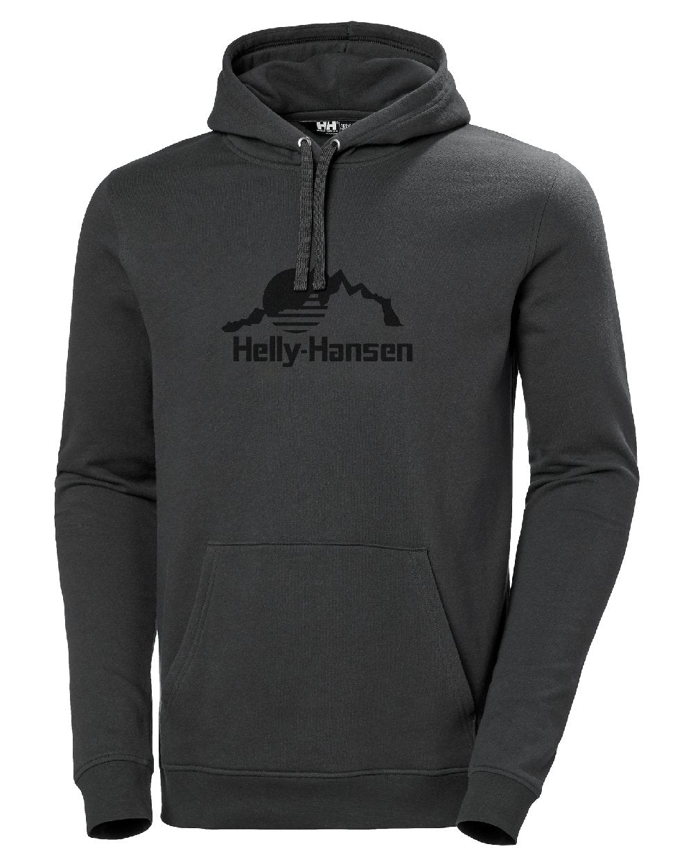 Ebony coloured Helly Hansen Mens Nord Graphic Pullover Hoodie on white background 
