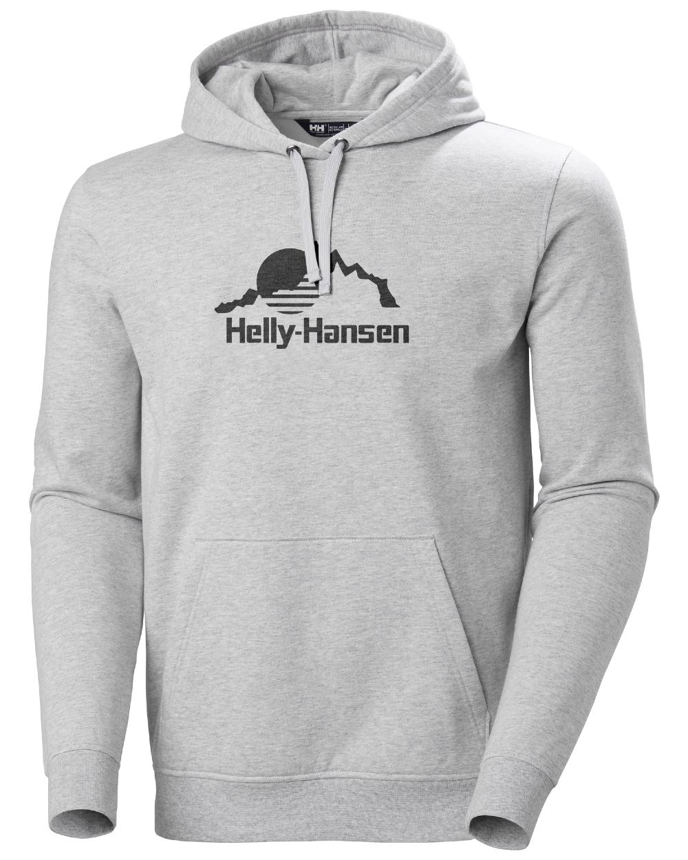 Grey Melange coloured Helly Hansen Mens Nord Graphic Pullover Hoodie on white background 