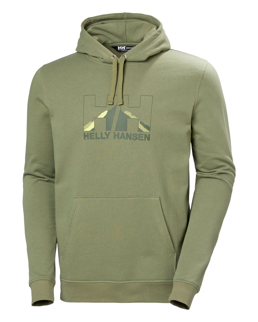 Lav Green coloured Helly Hansen Mens Nord Graphic Pullover Hoodie on white background 