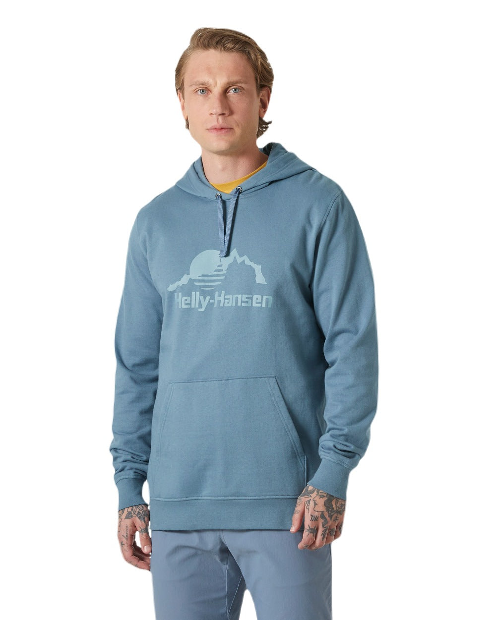 Washed Navy coloured Helly Hansen Mens Nord Graphic Pullover Hoodie on white background 