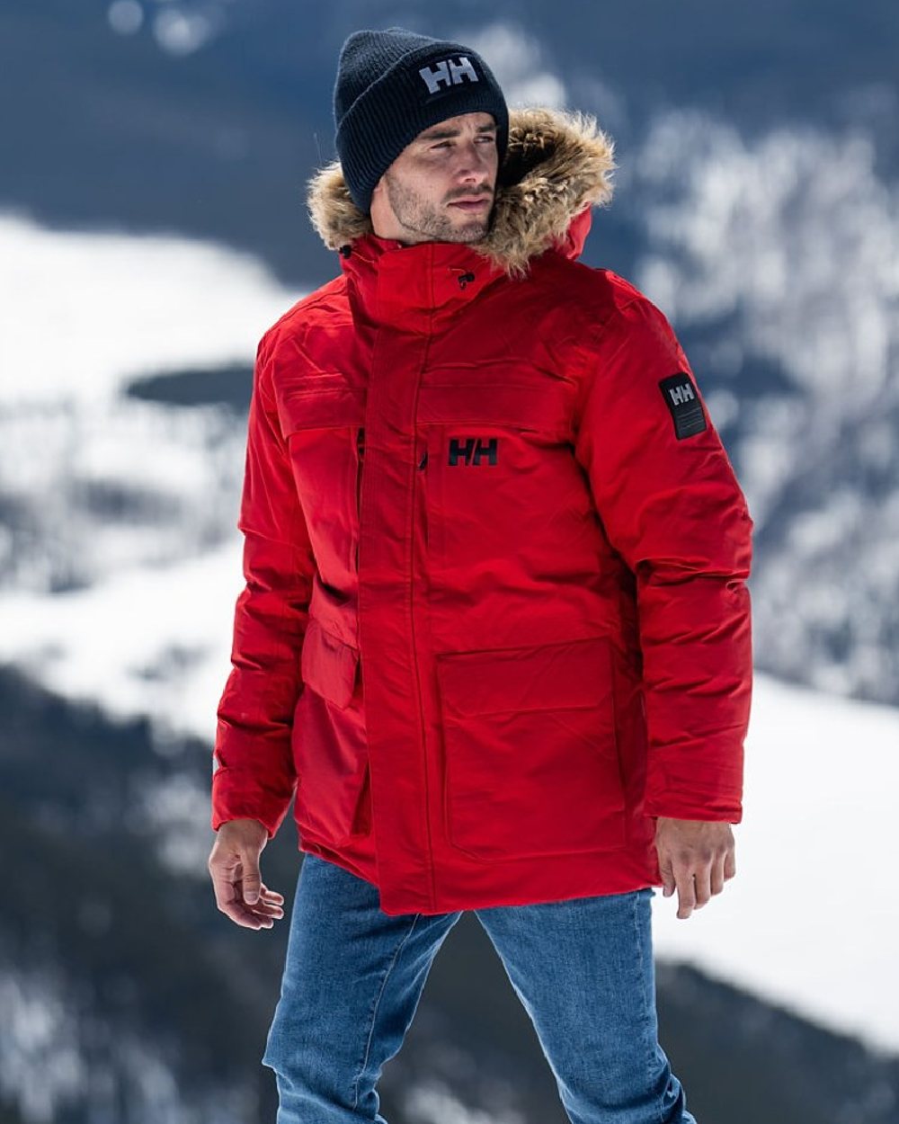 Red Coloured Helly Hansen Mens Nordsjo Winter Parka on white background 