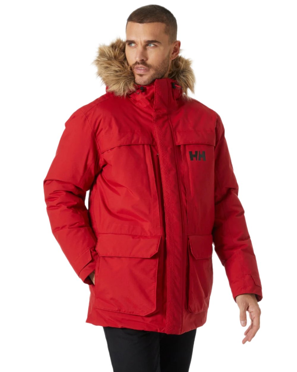 Red Coloured Helly Hansen Mens Nordsjo Winter Parka on white background 