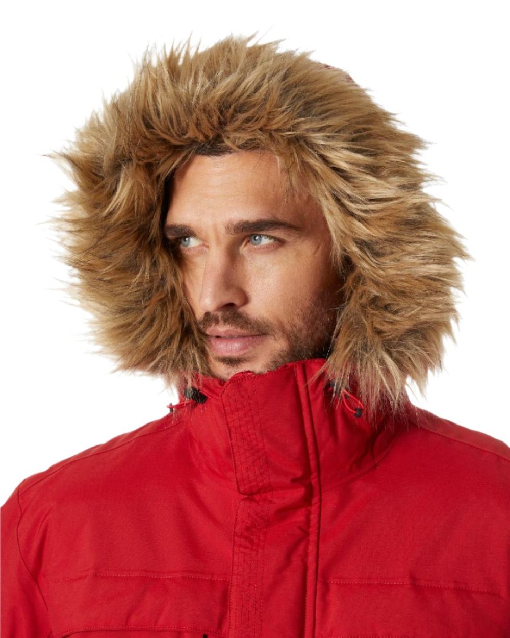 Red Coloured Helly Hansen Mens Nordsjo Winter Parka on white background 