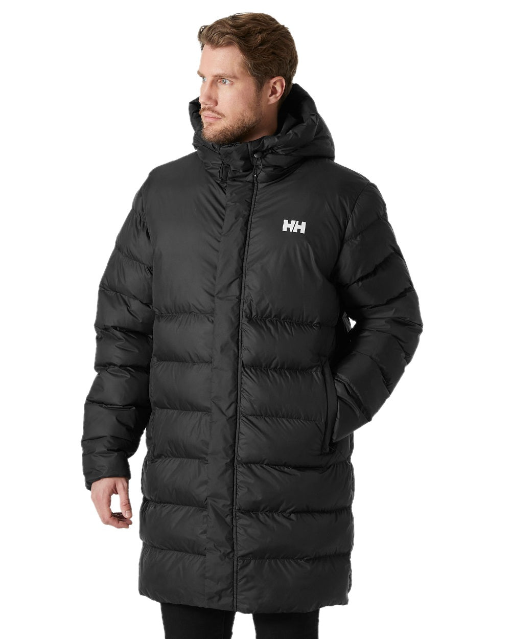 Black Coloured Helly Hansen Mens Oslo Puffy Parka on white background 