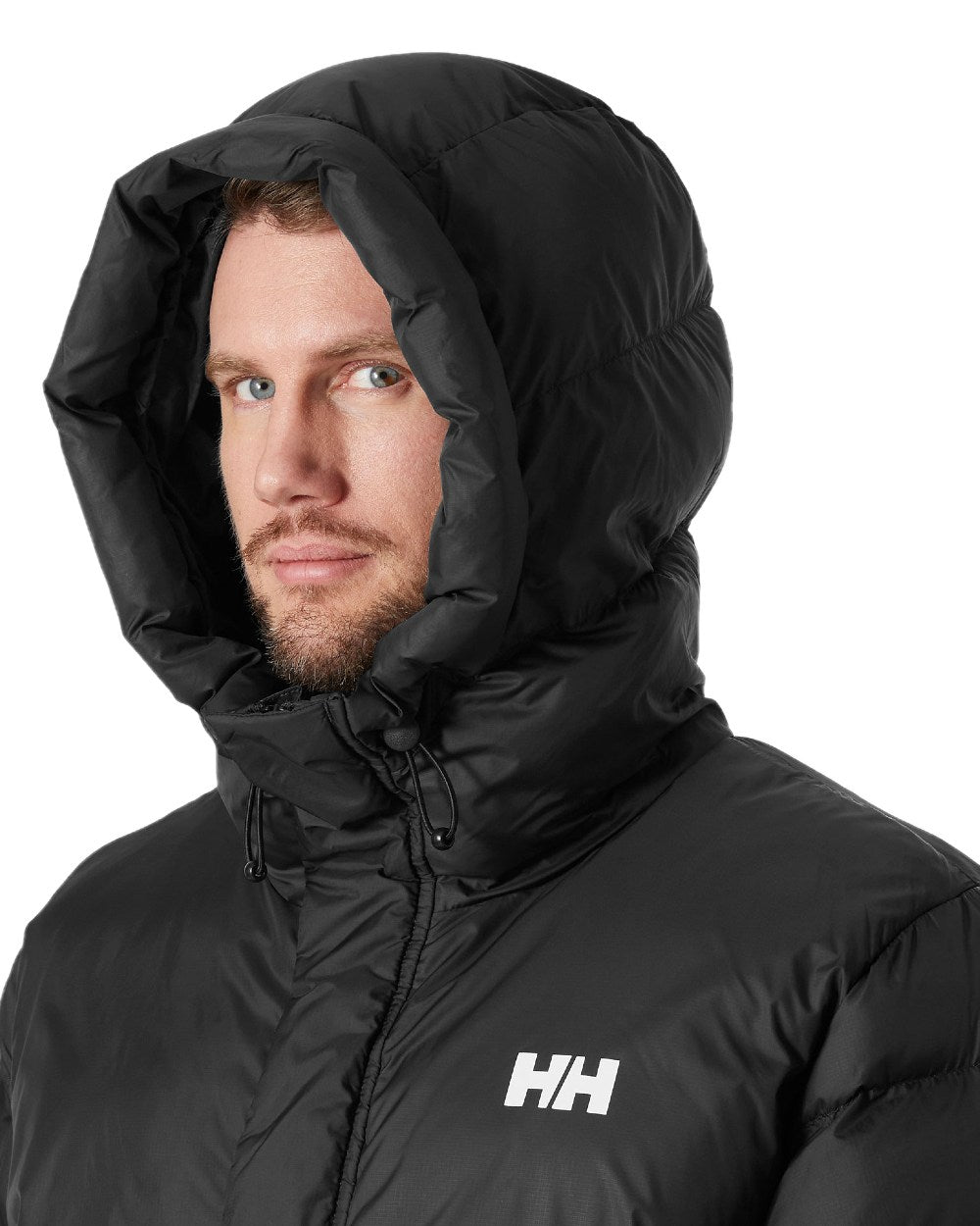 Black Coloured Helly Hansen Mens Oslo Puffy Parka on white background 