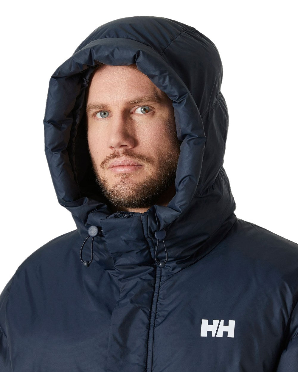 Navy Coloured Helly Hansen Mens Oslo Puffy Parka on white background 