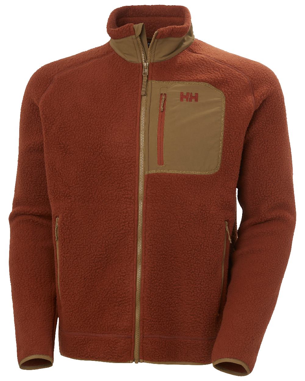 Iron Oxide Coloured Helly Hansen mens Panorama Pile Block Jacket on White Background 