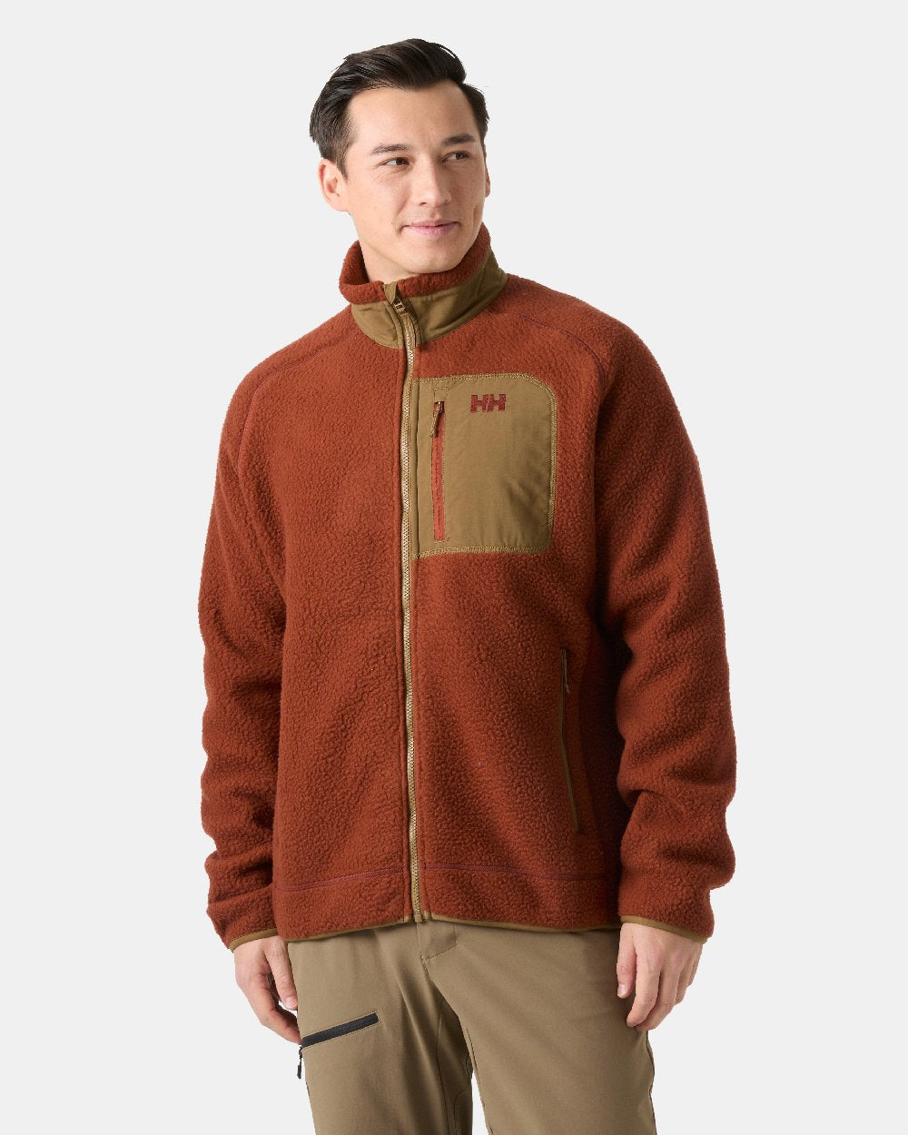 Iron Oxide Coloured Helly Hansen mens Panorama Pile Block Jacket on White Background 