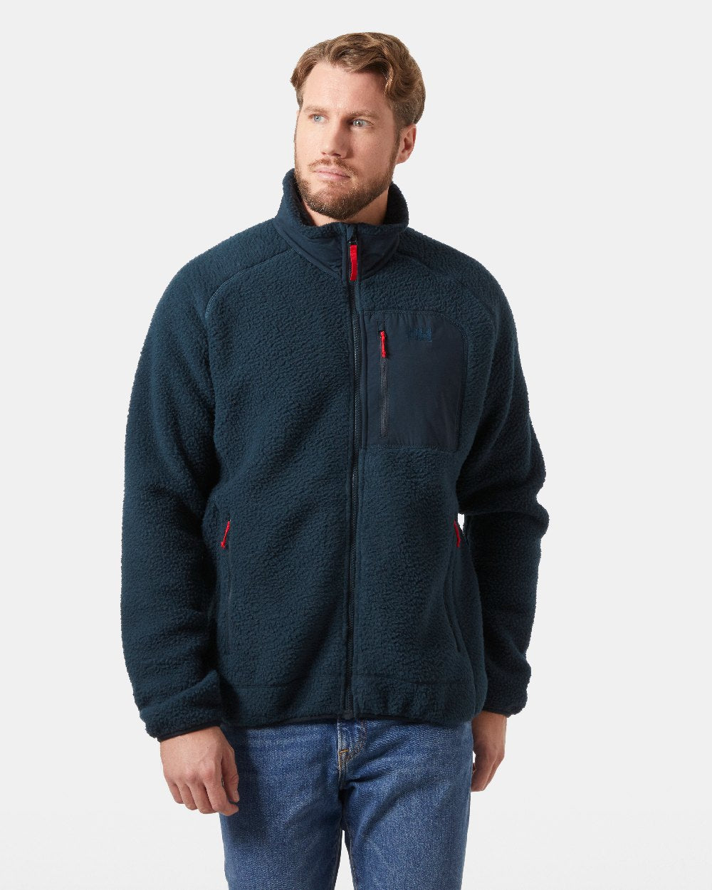Navy Coloured Helly Hansen mens Panorama Pile Block Jacket on White Background 