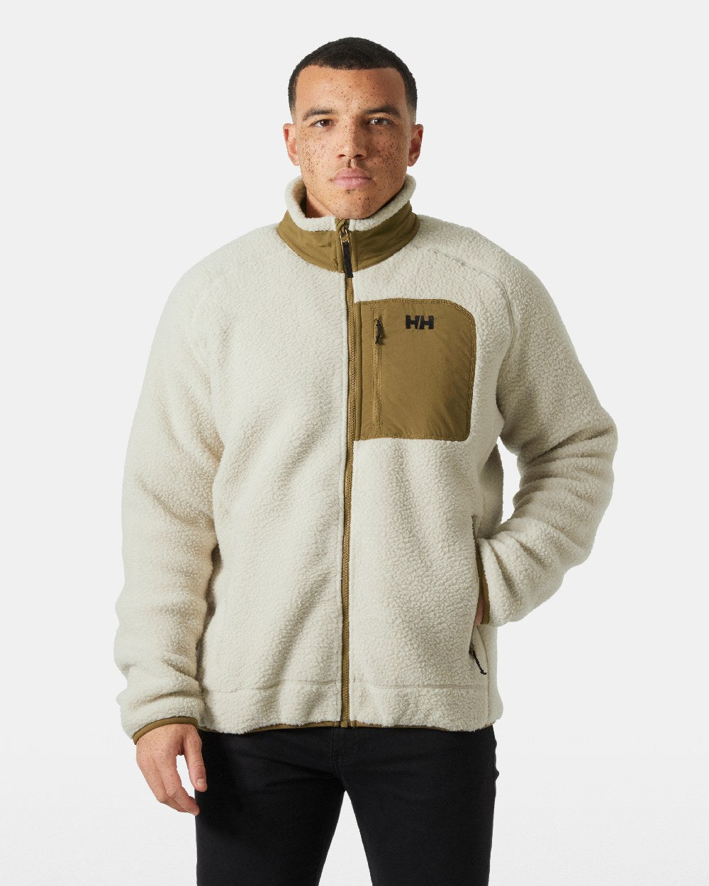 Pelican Coloured Helly Hansen mens Panorama Pile Block Jacket on White Background 