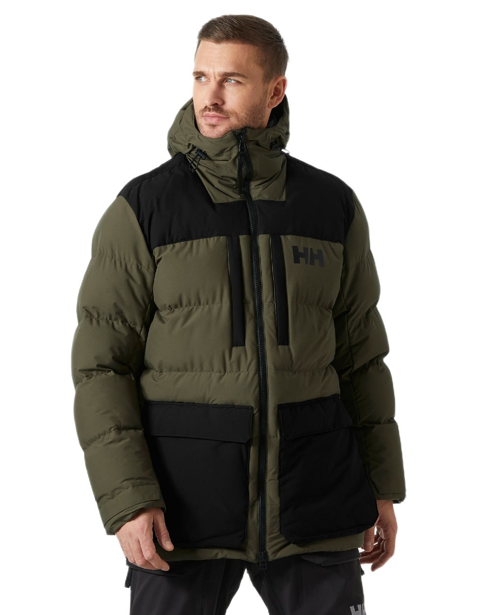 Utility Green Coloured Helly Hansen Mens Patrol Puffy Jacket on white background 