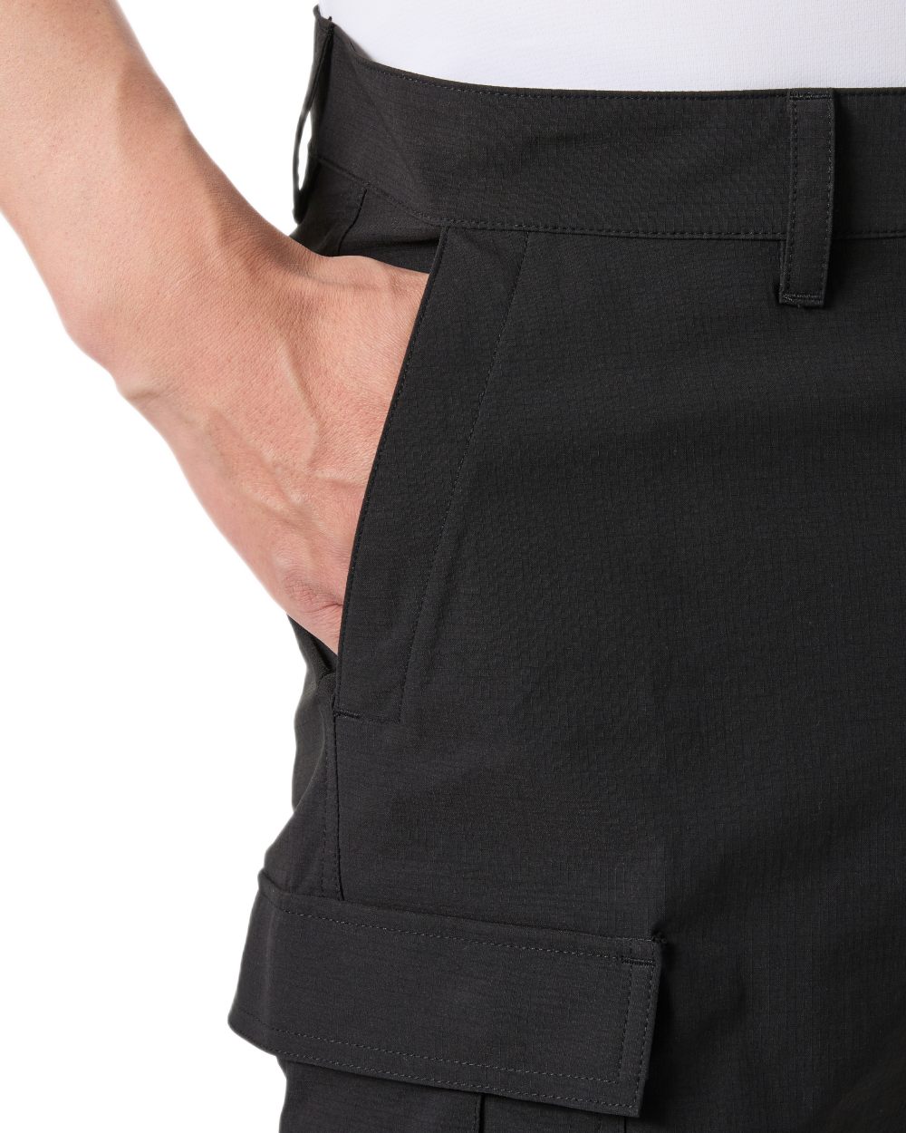 Black coloured Helly Hansen Mens Quick-Dry Cargo Shorts 11"on white background 