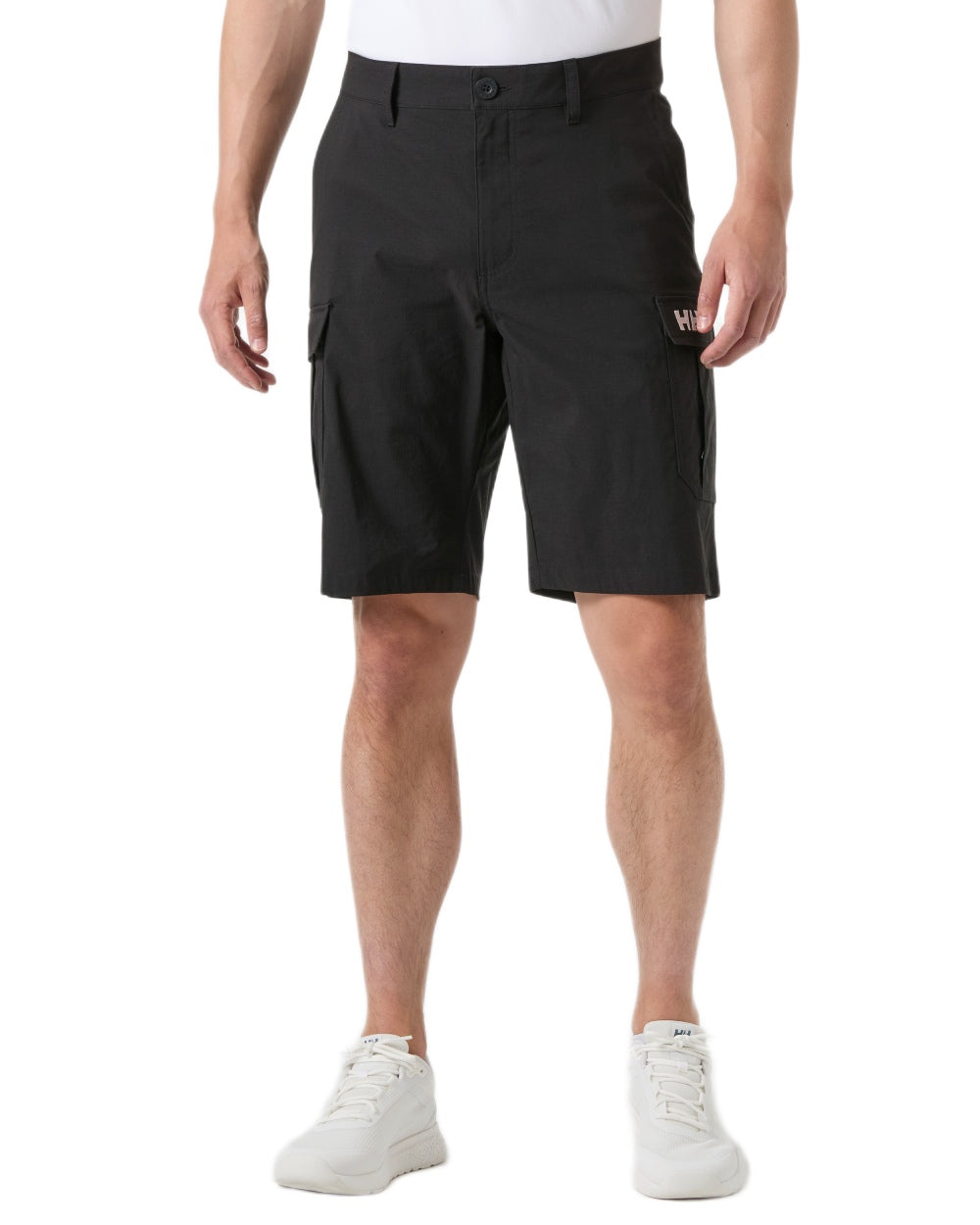 Black coloured Helly Hansen Mens Quick-Dry Cargo Shorts 11"on white background 
