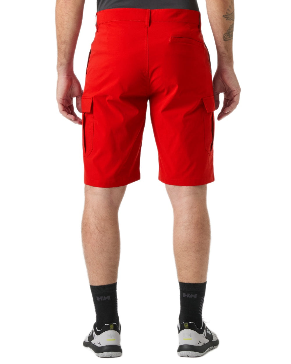 Red coloured Helly Hansen Mens Quick-Dry Cargo Shorts 11"on white background 