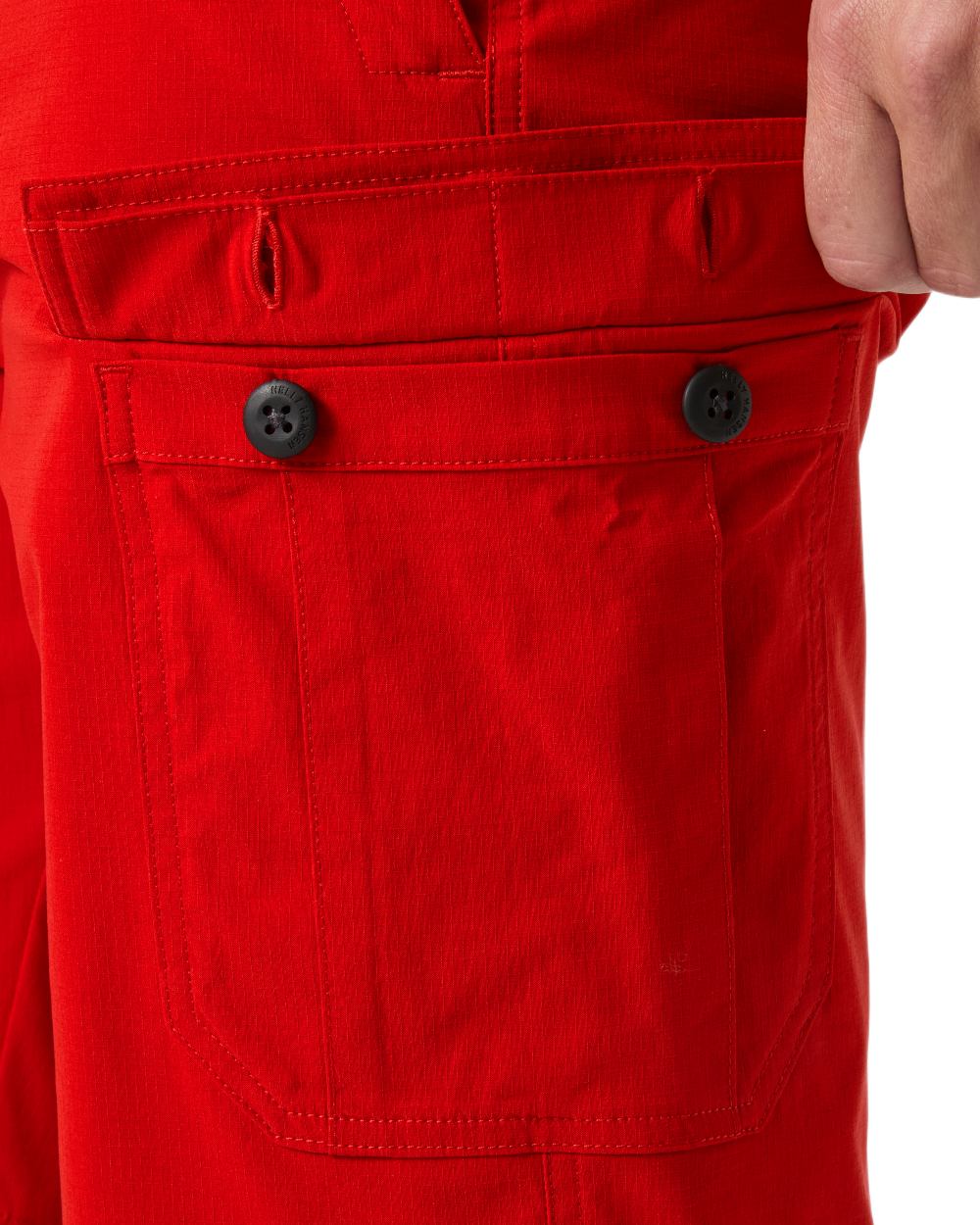 Red coloured Helly Hansen Mens Quick-Dry Cargo Shorts 11"on white background 