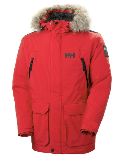 Red coloured Helly Hansen Mens Reine Winter Parka on white background 