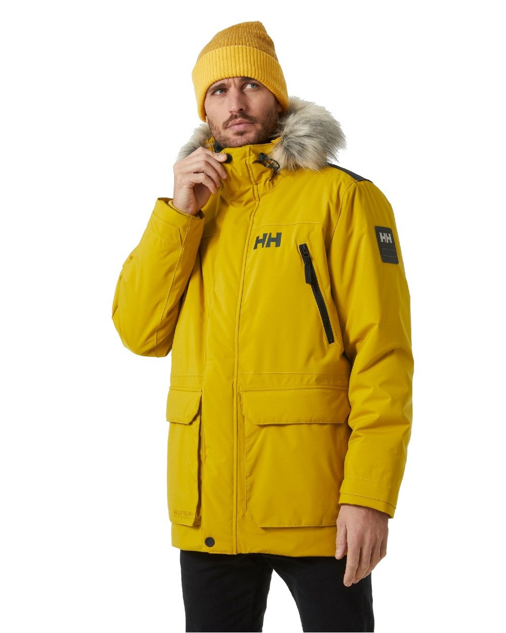 Straw coloured Helly Hansen Mens Reine Winter Parka on white background 