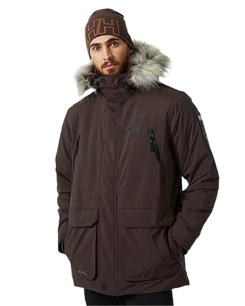 Triple Espresso coloured Helly Hansen Mens Reine Winter Parka on white background 