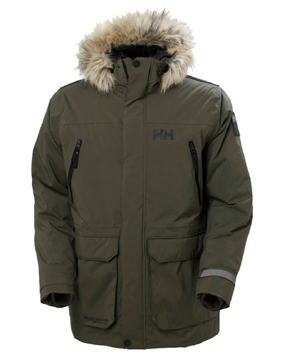 Utility Green coloured Helly Hansen Mens Reine Winter Parka on white background 