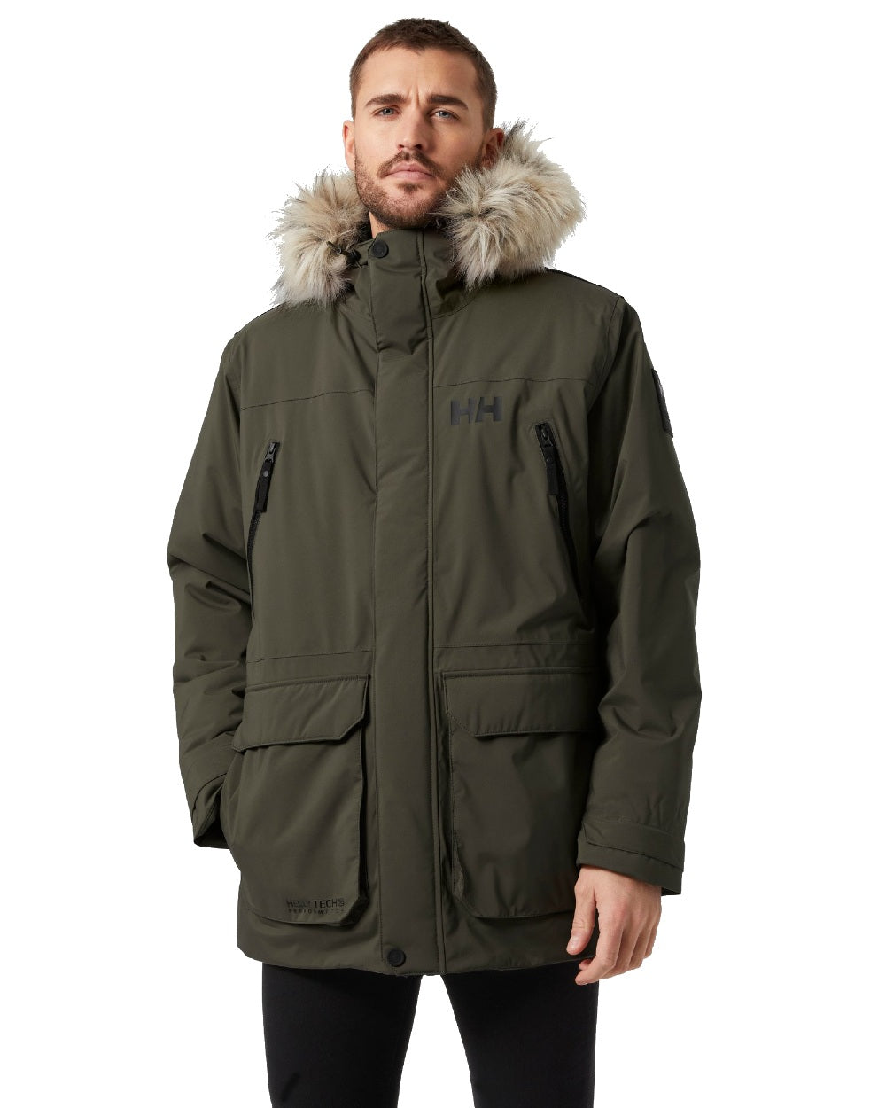 Utility Green coloured Helly Hansen Mens Reine Winter Parka on white background 