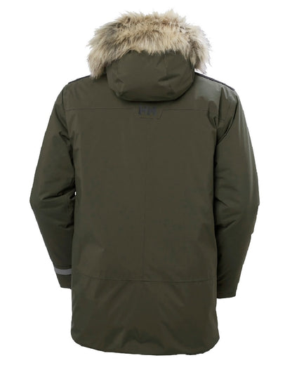 Utility Green coloured Helly Hansen Mens Reine Winter Parka on white background 