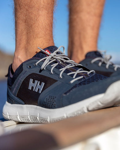 Navy Graphite Blue Off Coloured Helly Hansen Mens Skagen F-1 Offshore Shoes on outdoor background 