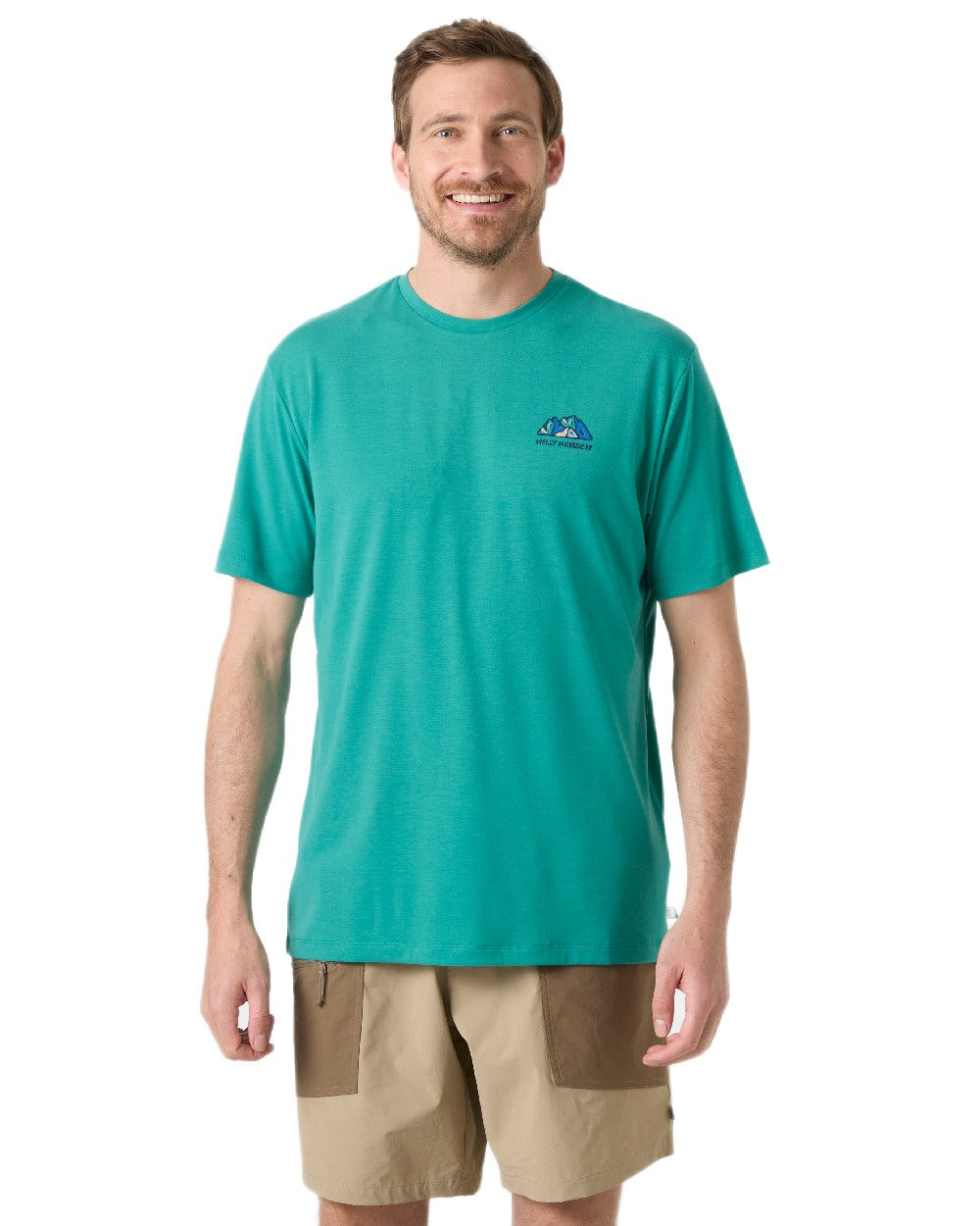 Dark Mint Coloured Helly Hansen Mens Skog Recycled Graphic T-Shirt on white background
