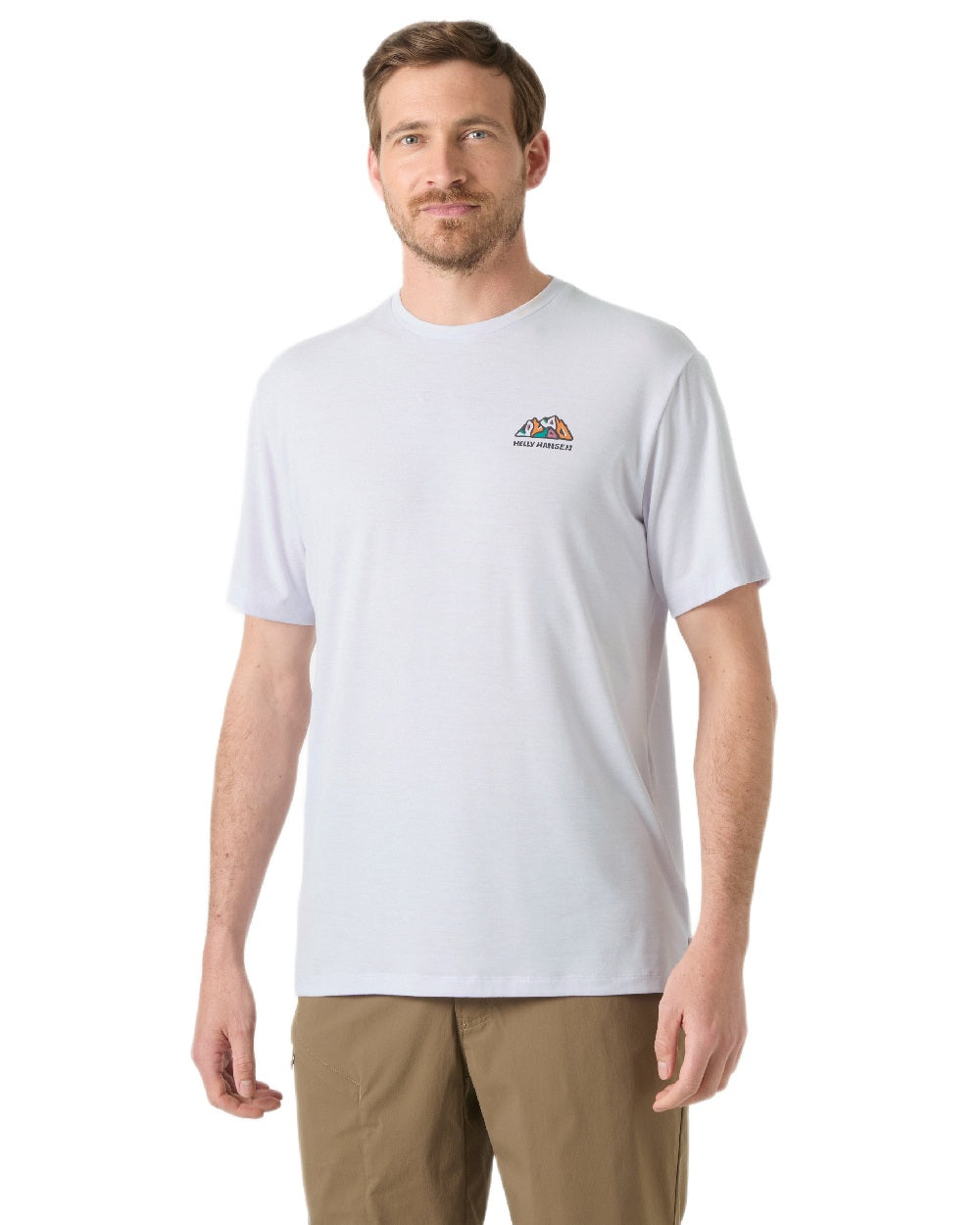 Even Light Purple Coloured Helly Hansen Mens Skog Recycled Graphic T-Shirt on white background
