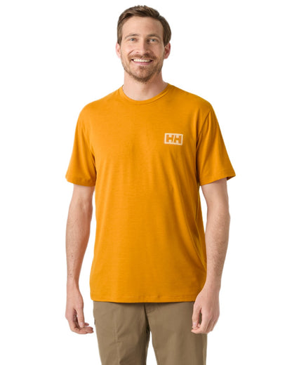 Mustard Coloured Helly Hansen Mens Skog Recycled Graphic T-Shirt on white background
