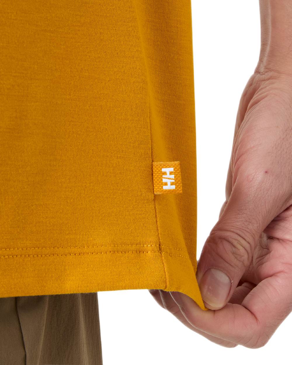 Mustard Coloured Helly Hansen Mens Skog Recycled Graphic T-Shirt on white background

