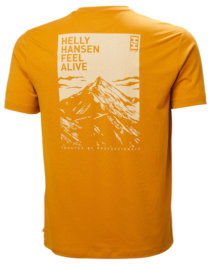 Mustard Coloured Helly Hansen Mens Skog Recycled Graphic T-Shirt on white background
