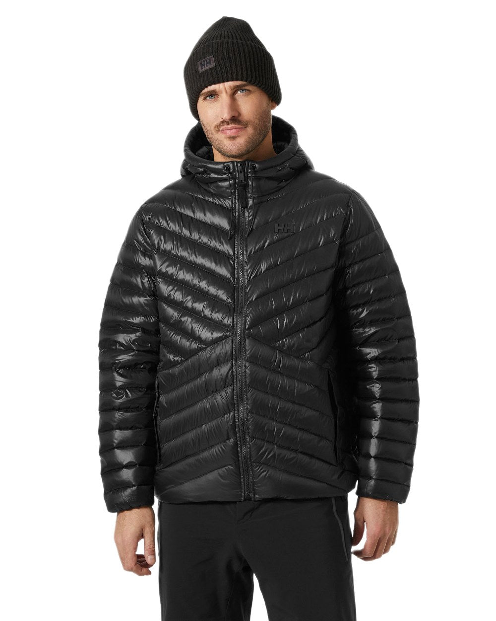 Black Coloured Helly Hansen Mens Stowe Down Jacket on white background 