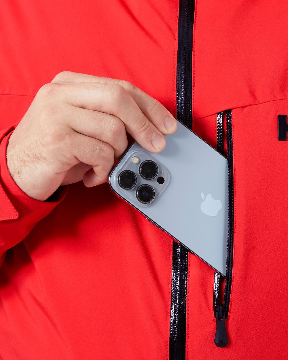 Alert Red Coloured Helly Hansen Mens Swift Team Insulated Ski Jacket on white background 