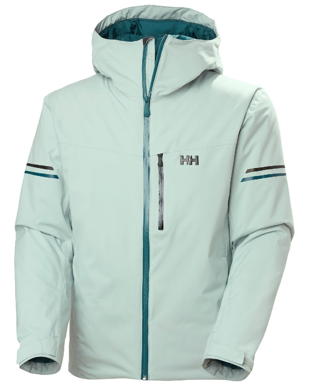 Green Mist Coloured Helly Hansen Mens Swift Team Insulated Ski Jacket on white background 