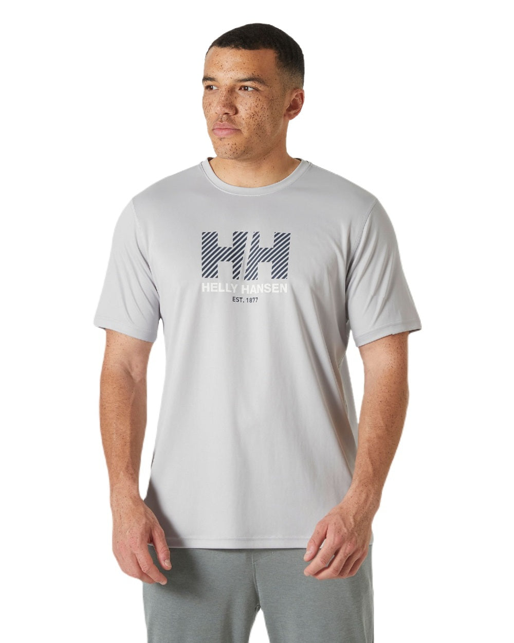 Grey Fog coloured Helly Hansen Mens Tech Graphic T-Shirt 2.0 on white background 