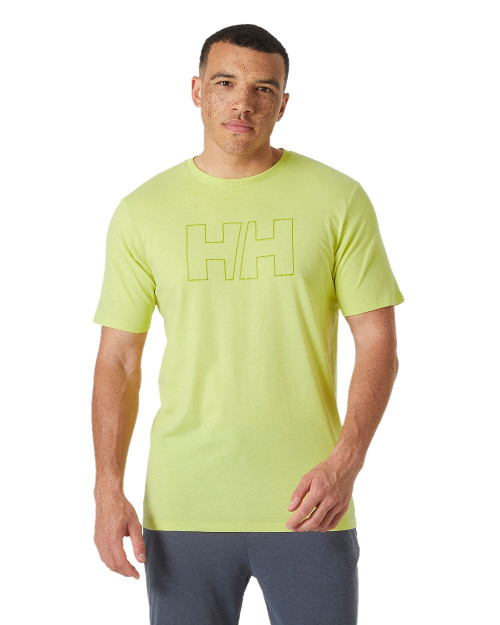 Cyber Lime coloured Helly Hansen Mens Tech Logo T-Shirt on white background 