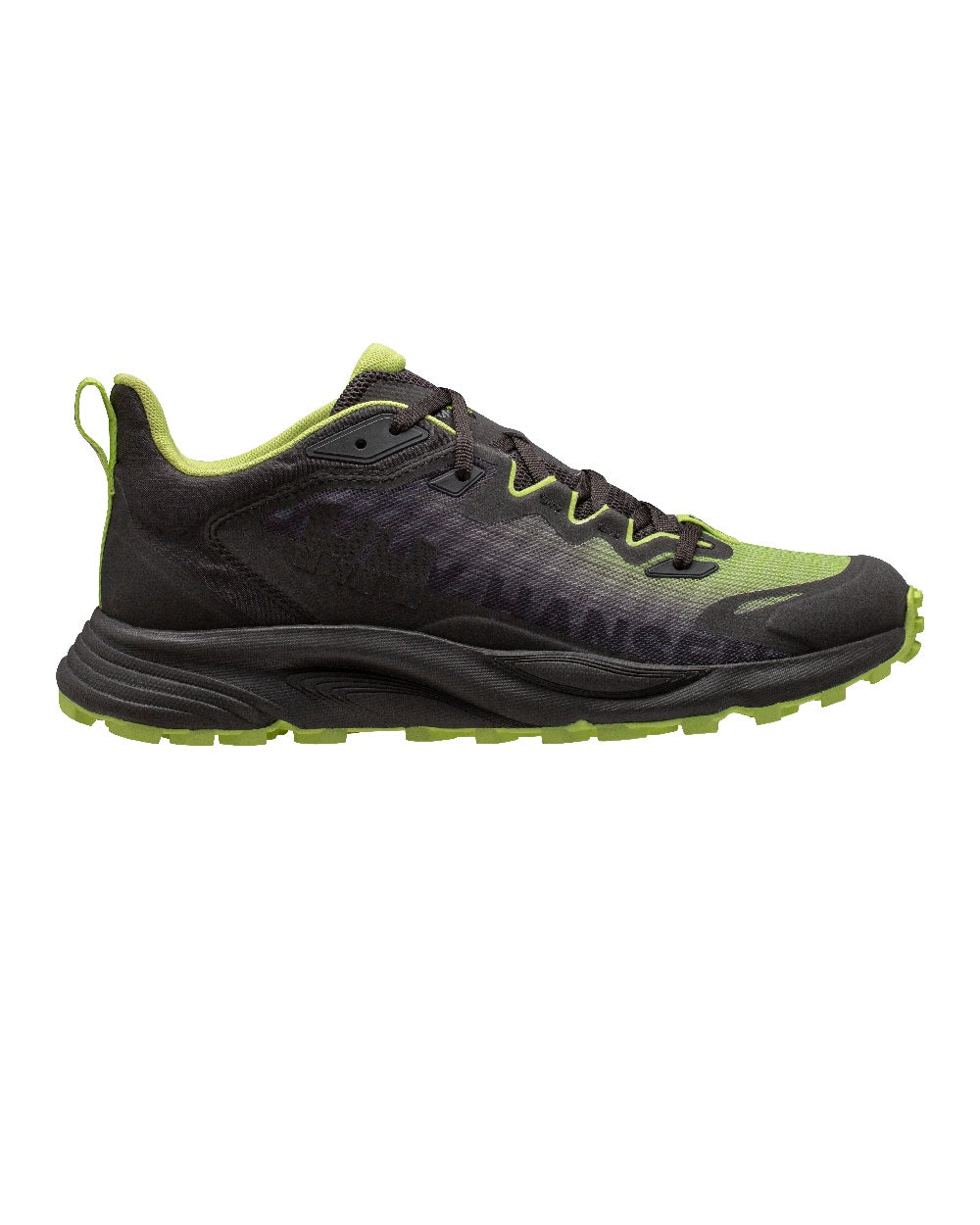 Black Sharp Green coloured Helly Hansen Mens Trail Wizard Running Shoes on white background 