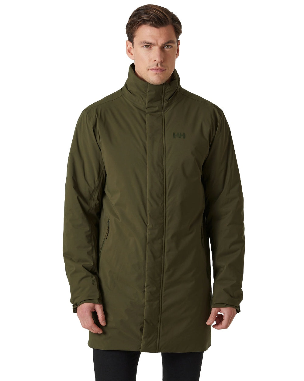 Utility Green Coloured Helly Hansen Mens Urban Pro Insulated Raincoat on white background 